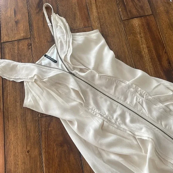 Gentle Fawn Mini Beige Cream Cascading Ruffle Zip Up spaghettini straps dress 6 - Picture 8 of 16